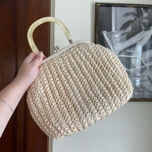 Wicker woven vintage purse with acrylic handle